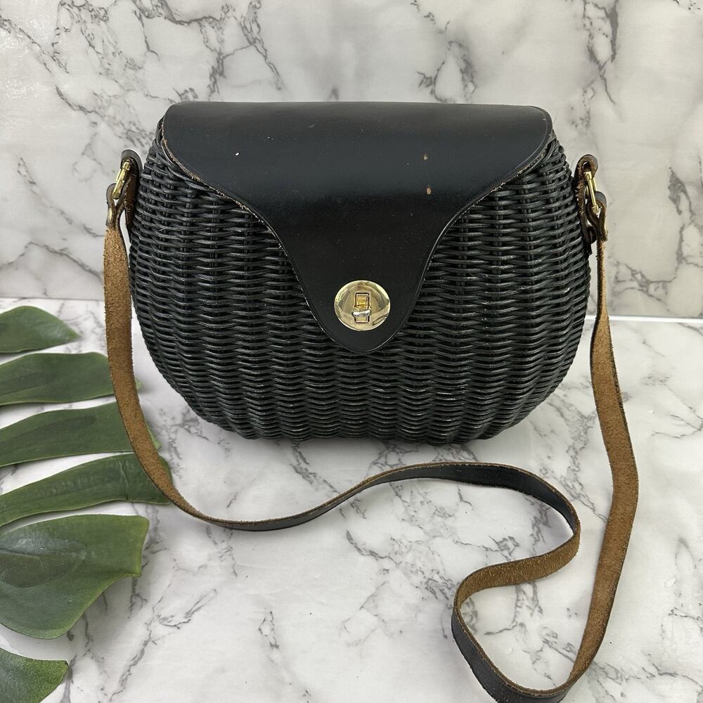 Magid Vintage 90s Basket Wicker Woven Purse Shoulder Bag Black Leather Trim